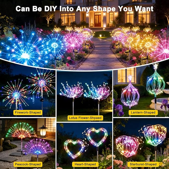 Solar Fireworks Lights for Outside, 150LED 8 Modes Fireworks Solar Lights Outdoor, Fairy Garden Flowers for Yard Pathway Wedding Party Christmas Diwali Garden Decor 8Pack (Multicolor)