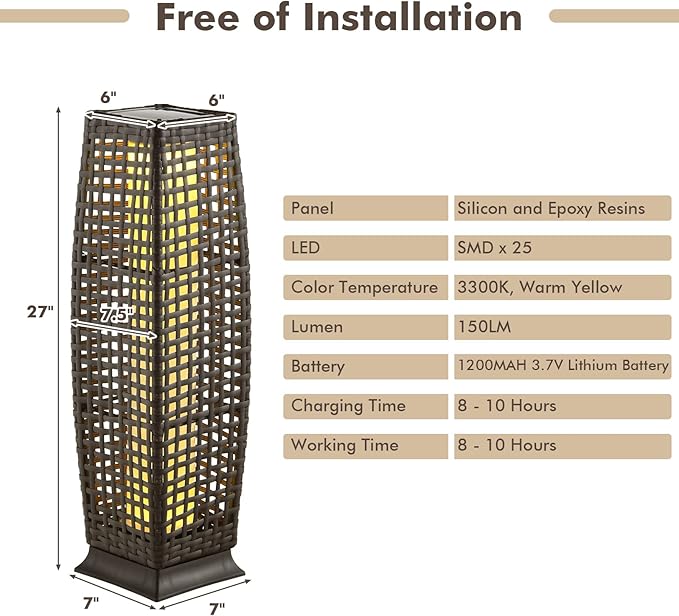 Tangkula 2-Piece Outdoor Solar Powered Floor Lamps, IP65 Waterproof Wicker Floor Lamps with Auto On/Off LED Light, Outdoor Decorative Lanterns for Garden Patio Porch Deck Pathway (Cross-Mix Brown)