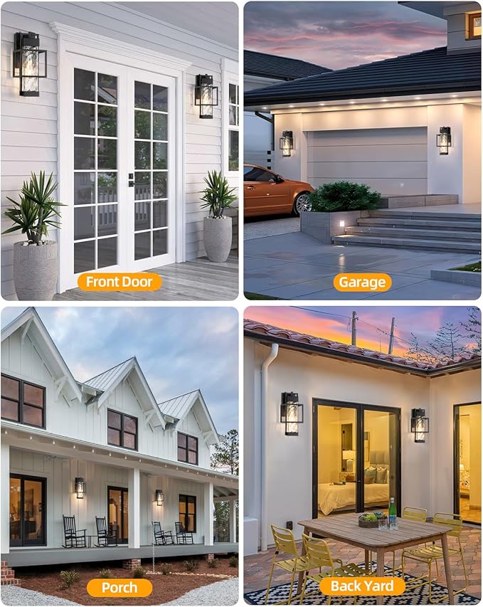 SHIMR Dusk to Dawn Outdoor Lighting 2 Pack, Outdoor Wall Sconce with Water Seeded Glass, Exterior Lighting Fixtures with E26 Base, Outdoor Lights for House Porch Garage Bulb Included
