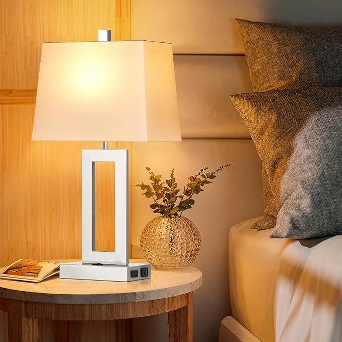 Table Lamp Set of 2 with USB C+A Ports & AC Outlet, Bedside Lamps, Modern Bedroom Lamps, Silver Lamps for Night Stands Bedroom Living Room,Nightstand Lamp