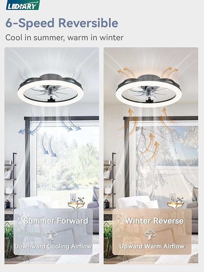 LEDIARY 20 Inch Low Profile Ceiling Fans with Lights and Remote, Dimmable Modern Fan Light(3000K-6000K), 6 Speed, Reversible, APP & Remote Control, Flush Mount Ceiling Fan for Bedroom, Black