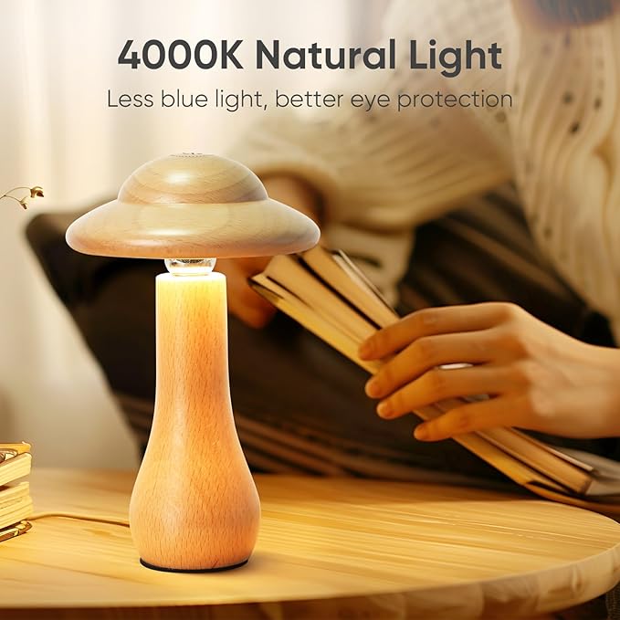 Portable Cordless Touch Switch Small Wooden Mushroom Lamp,Rechargeable Battery Operated, Stepless Dimming, 360 Degree Rotation Angle Adjustable Night Light