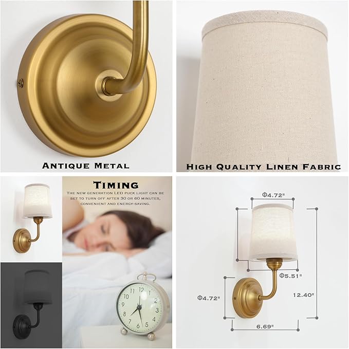 HEQIQEH Vintage Gooseneck Battery Operated Wall Sconce Light Fixture Set of 2 with Remote Control, Flared Funnel Linen Fabric Shade Dimmable Nightstand Lamps for Bedside Bedroom Living Room Lounge