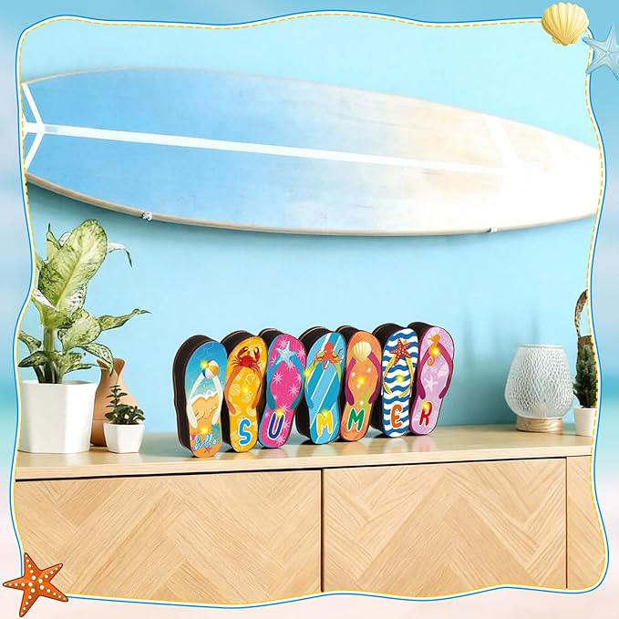 Yousoontic Summer Beach Flip Flop Table Centerpiece Decor - 3D Wooden Slippers Sign with LED Lights, Hawaii Luau Tropical Decor for Home Mantel, Desk & Party