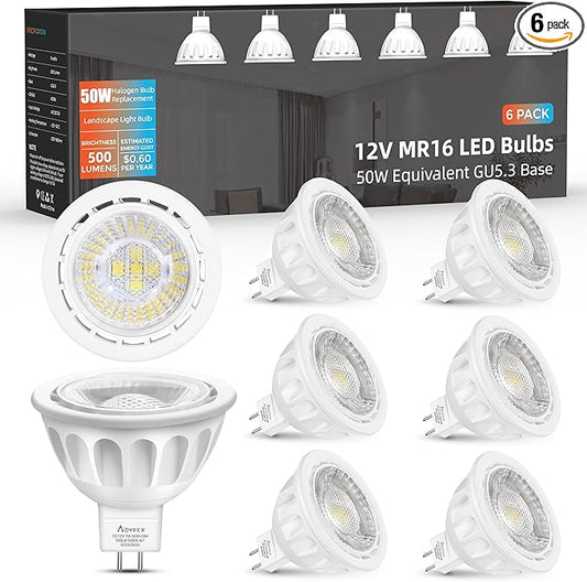 MR16 LED Bulbs 50W Halogen Equivalent Landscape Light Bulbs, 5000K Daylight White 5W GU5.3 MR16 12V Spotlight Bulb, Not Dimmable 40° Beam Angle for Landscape, Recessed, Track Lighting 6 Pack
