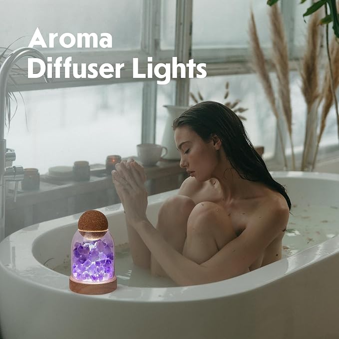 Runyangshi Amethyst Bud Night Lamp 6.3" Natural Healing Crystal Aroma Stone Diffuser Bedside Lamp USB Port 3 Colours Dimming Mode Bedroom Lamp Home Decor