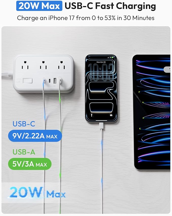 Power Strip with 6 Outlets 4 USB Ports(2USB C), Flat Extension Cord with Multiple Outlets, 1080 Joules, 5 ft Flat Plug Outlet Extender for Indoor, Office Supplies, Dorm Room Essentials