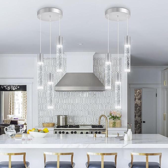 3-Lights Pendants Light for Kitchen Island Chandeliers Dining Room Pendant Lighting Fixture Bubble Crystal Ceiling Hanging Lights Bedroom Island Kitchen 6000K White Light Fixtures Chrome