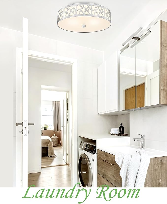 2-Light Flush Mount Ceiling Light,12 inch Modern Ceiling Light Fixture with Brushed Nickel Metal and Frosted Glass Shade for Hallway, Kitchen, Bedroom