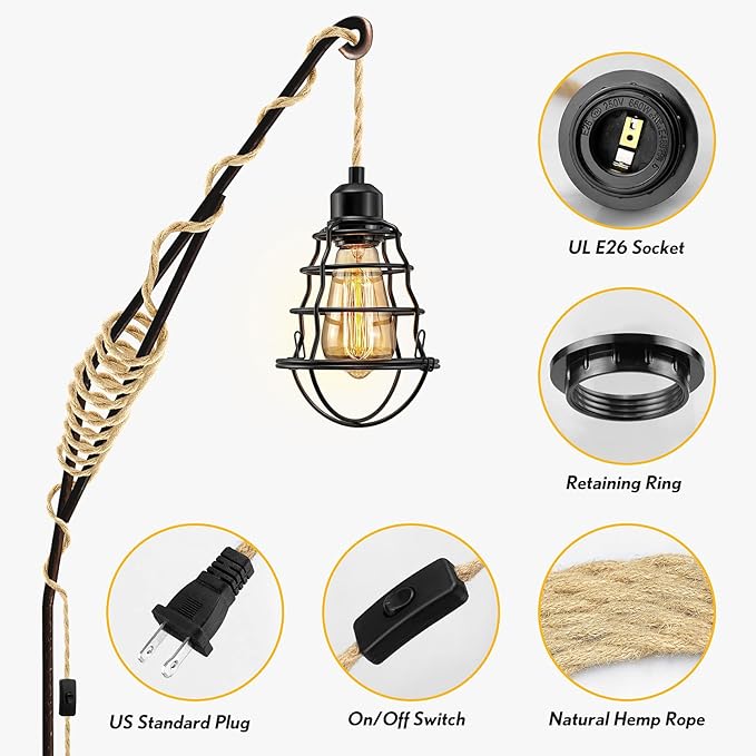 2Pack Plug in Pendant Light Cord, Farmhouse Hanging Lights with Plug in Cord, 15FT Hemp Rope Plugin Hanging Light Cord Kit with On/Off Switch, E26 E27 LightSocketCord