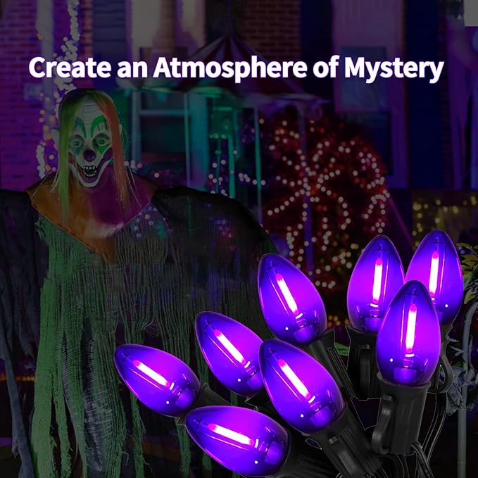 C7 Purple Halloween Lights Outdoor Indoor, 10FT Waterproof LED String Lights with Black Wire for Patio, Window, Door, Party Backdrop Décor