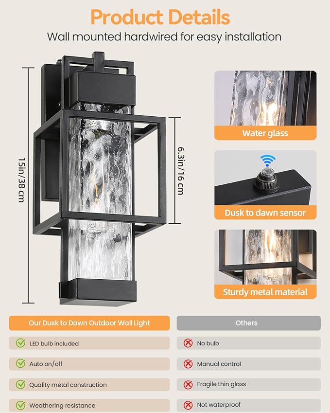SHIMR Dusk to Dawn Outdoor Lighting 2 Pack, Outdoor Wall Sconce with Water Seeded Glass, Exterior Lighting Fixtures with E26 Base, Outdoor Lights for House Porch Garage Bulb Included