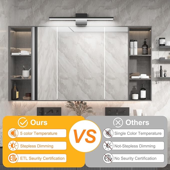 Ralbay 5 Color Temperature Dimmable LED Modern Bathroom Vanity Light Bar 24inch 16W Matte Black Modern Acrylic Bathroom Wall Lighting Fixtures Over Mirror