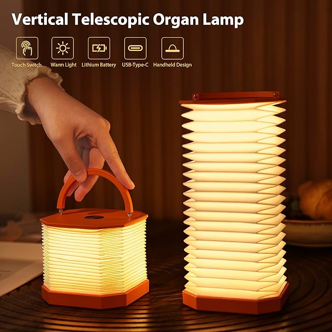 Portable Paper Lamp,White Accordion Desk Lamp,Japanese Lanterns lamp for Home Decoration and Gift,Dimmable Bedside Lamp,1200mAh USB Powered Night Light for Bedroom,Office,Reading （Orange