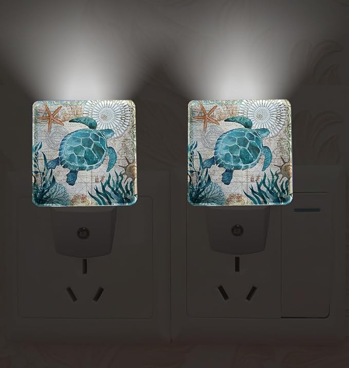 Vintage Ocean Turtle Plug-in LED Night Light,Starfish World Map Auto Dusk to Dawn Sensor Nightlights Plug into Wall,White Energy Efficient Night light for Bedroom,Bathroom,Kitchen,Stairs,Hallway