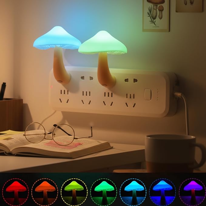 Mudder 2 Pack Mushroom Night Light Plug in Wall Lamp Sensor LED Mushroom Nightlight Cute Mini for Adult Kid Nursery Decor Gift(7 Color Changing)