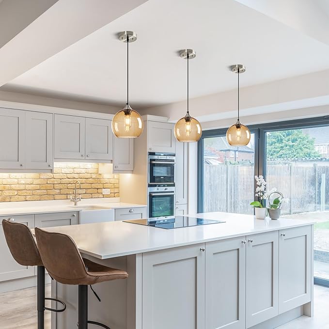 Light Brown Glass Pendant Lights Kitchen Island Lighting Globe Pendant Light Fixtures Modern Pendant Lighting for Bedroom Living Dining Room Light Fixture (7.87 in, 3 Pack)