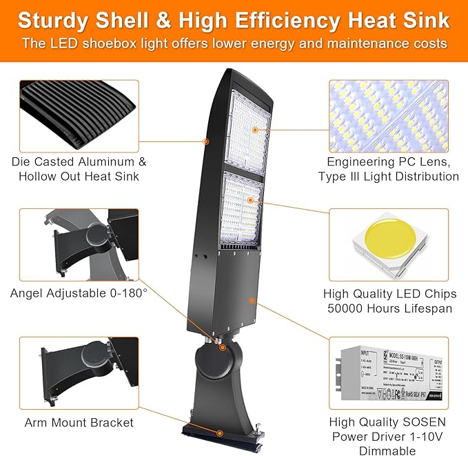 480V 300W LED Parking Lot Light, 42000LM LED Shoebox Street Flood Light (1000W MH/HPS Equiv.), 5000K Dimmable Commercial Area Lighting with 20KV Surge Protection, IP65 277-480V UL&DLC Listed