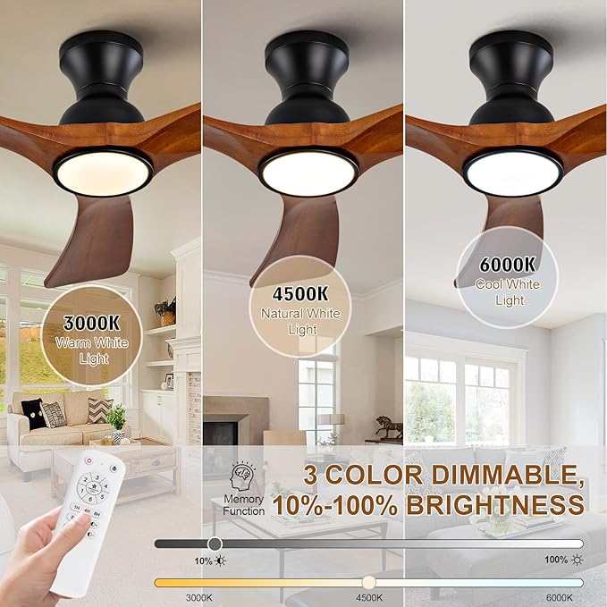 42 inch Flush Mount Ceiling Fans with Lights,Remote Control,Wall Switch,Solid Wood Blades,Dimmable,Reversible,Noiseless,Power Off Memory Low Profile Ceiling Fan for Bedroom Patio Indoor/Outdoor
