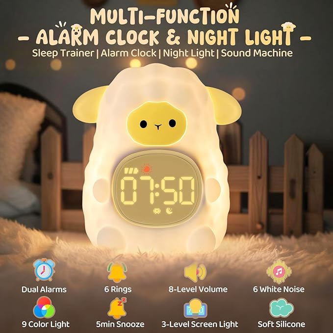 Sheep Alarm Clock with Night Light for Kids with Sleep Training and Sound Machine, Rechargeable Silicone Lamp OK to Wake Clock，Cute Animal Tabletop Lamp, Perfect Sleep Companion for Boys Girls