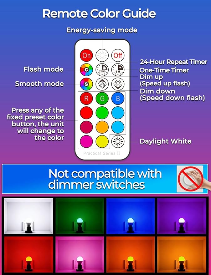 ILC RGB LED Light Bulb, Color Changing 40W Equivalent, 5700K Daylight White, 450LM 5W E26 Screw Base RGBW, Mood Light Bulb - 12 Color Choices - Timing Infrared Remote Control Included (4 Pack)