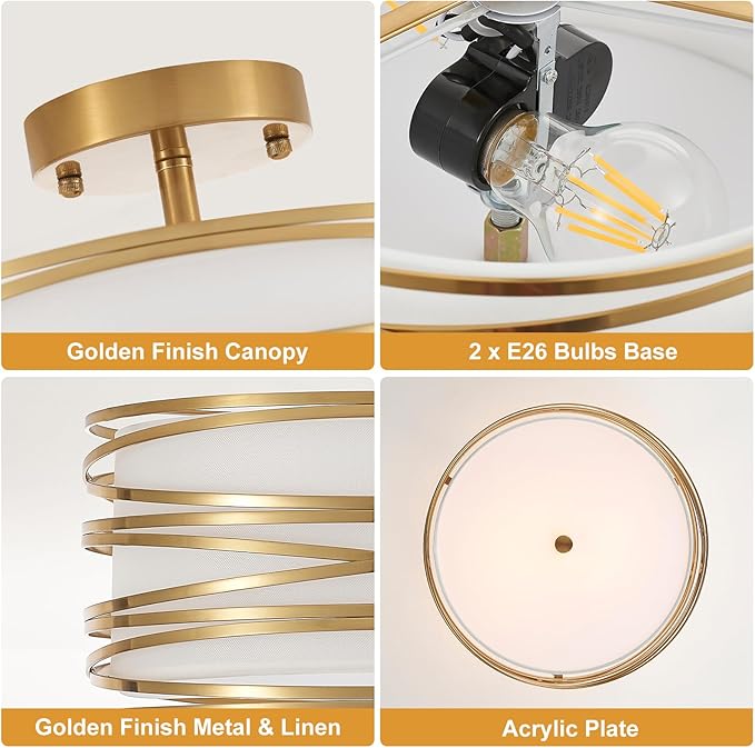 Drum Semi Flush Mount Ceiling Light Fixture Vintage 12.2“ Modern Farmhouse 2-Lights Linen Drum Ceiling Lighting Rustic Golden Ceiling lamp for Dining Room, Bedroom, Laundry Room, Basement