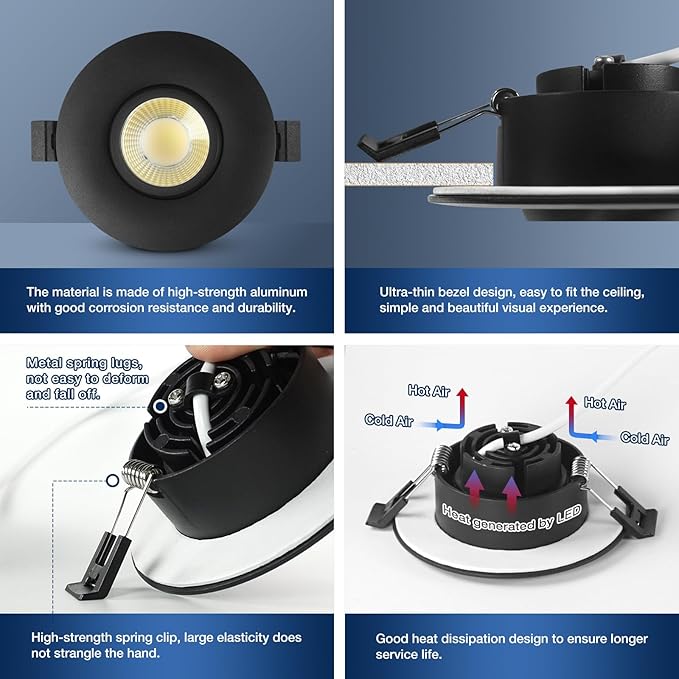 Sublimation Black 8 Packs 3 Inch 3CCT Gimbal Led Recessed Light with Junction Box 10w,Waterproof recessed Lights for Shower,Black recessed Lights,3 Colors Adjustable