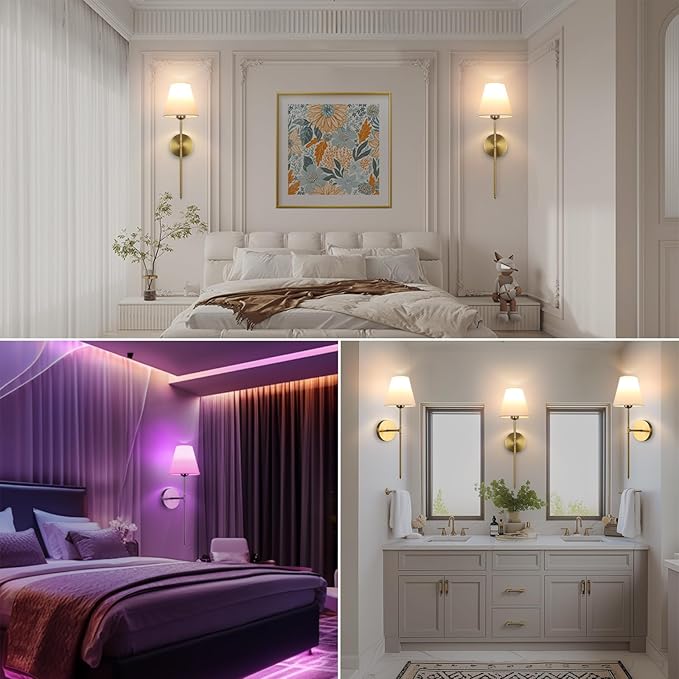 Battery Operated Wall Sconce Set of 2, 15 Colors Wireless Wall Light With Dimmable Remote Control Last 18-50 Hours, Gold Rechargeable Wall Lamp With White Fabric Shade For Living Room Bedroom Hallway