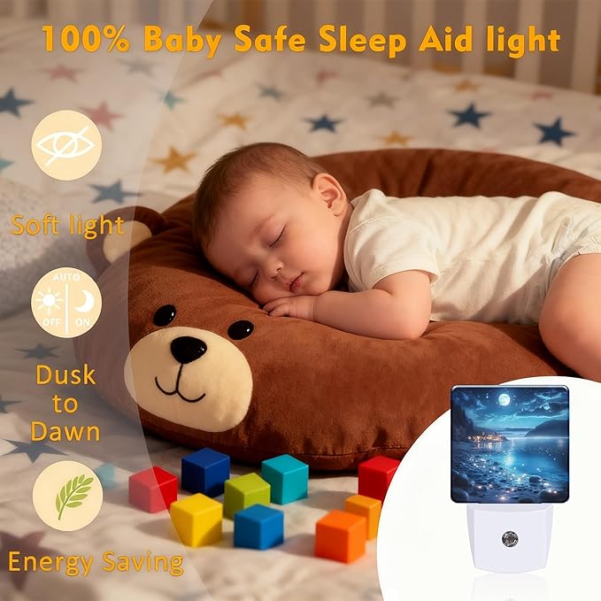 Full Moon and Sparkling Lake Night Light for Kids, Dusk-to-Dawn Auto Sensor Plug in Night Light, 0.5W Energy Saving Non-Toxic Design for Bedroom/Bathroom, Ideal Gifts for Women, Men & Kids