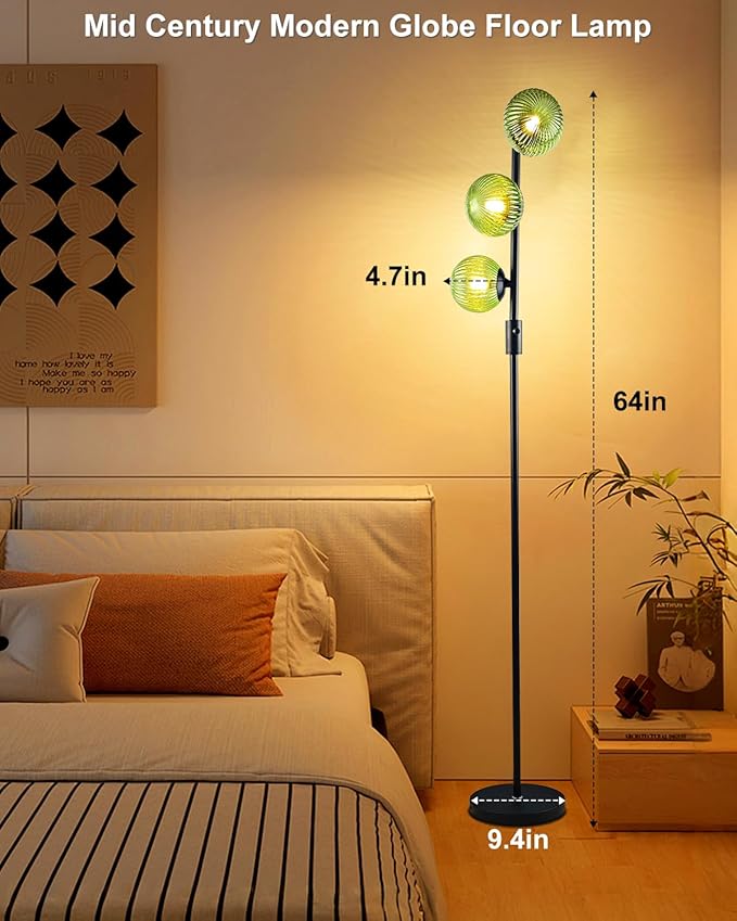 Lightdot Dimmable Floor Lamp for Living Room with 3 Green Glass Globe Shade, Black Pole Standing Lamps with Bulbs Included, Mid Century Modern Floor Lamp for Living Room/Sofa Beside/Corner Decor