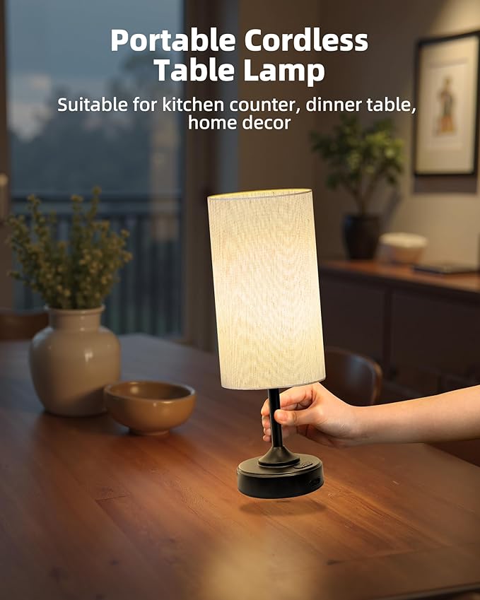 Wireless Lamp, 2-Pack, Ambient Light, Dimmable, 2700K, Timer, Touch Control, Portable, LED, Battery Operated, Rechargeable, Cordless, Desk Lamp, Kitchen Lamp, Fabric Shade, for Bedroom, Living Room