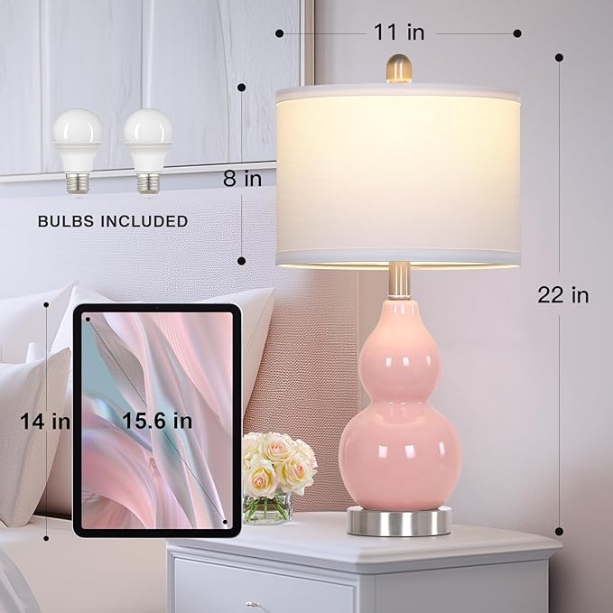 Double Gourd Ceramic Table Lamps Set of 2, Modern Pink Bedside Lamps for Night Stand, Contemporary Nightstand Lamps for Bedroom Living Room (Bulb Included)