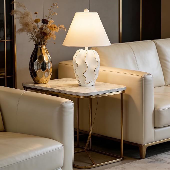 Modern Accent Table Lamp 20.4" High White＆Gold Sculptural Geometric Textured Urn Tapered Fabric Conical Shade Bedside Nightstand Lamps for Bedroom Living Room House Home Office