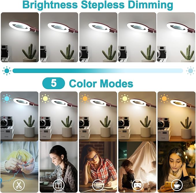 10X Magnifying Glass with Light and Clamp, 5 Color Modes Stepless Dimmable Lighted Magnifier with Stand, Flexible Gooseneck LED Desk Lamp Hands Free for Craft Painting Hobby Close Work - Red