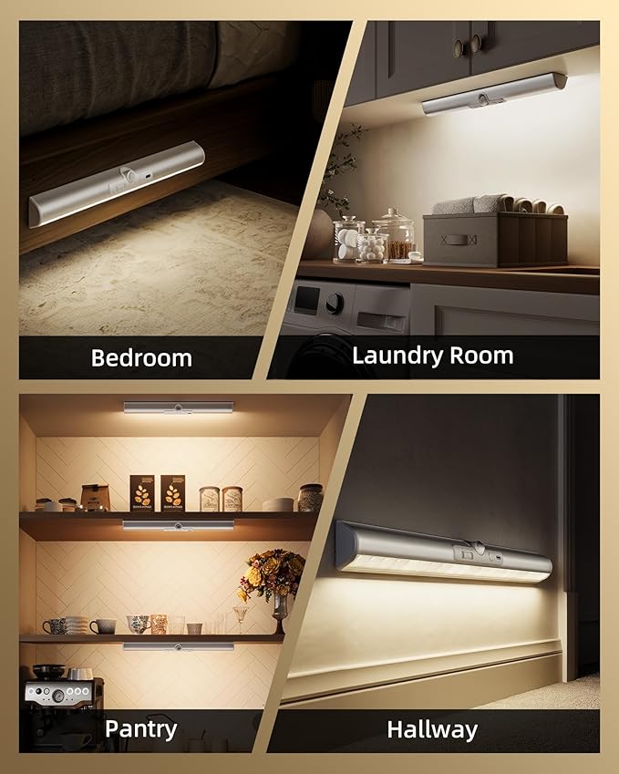EZVALO 15in Closet Lights with Rotatable Motion Sensor, Rechargeable Under Cabinet Lighting, No-Glare Curved Design, 3 Color Temps & Dimmable LED Lights for Pantry, Wardrobe, Shelf