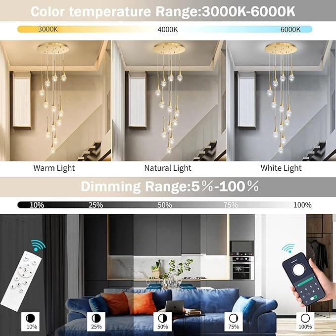 118 inches Modern Glam Crystal Chandelier for High Ceiling LED Dimmable Ceiling Pendant Light Staircase Foyer Enterway Living Room Chandelier Lighting Antique Gold 12 Lights