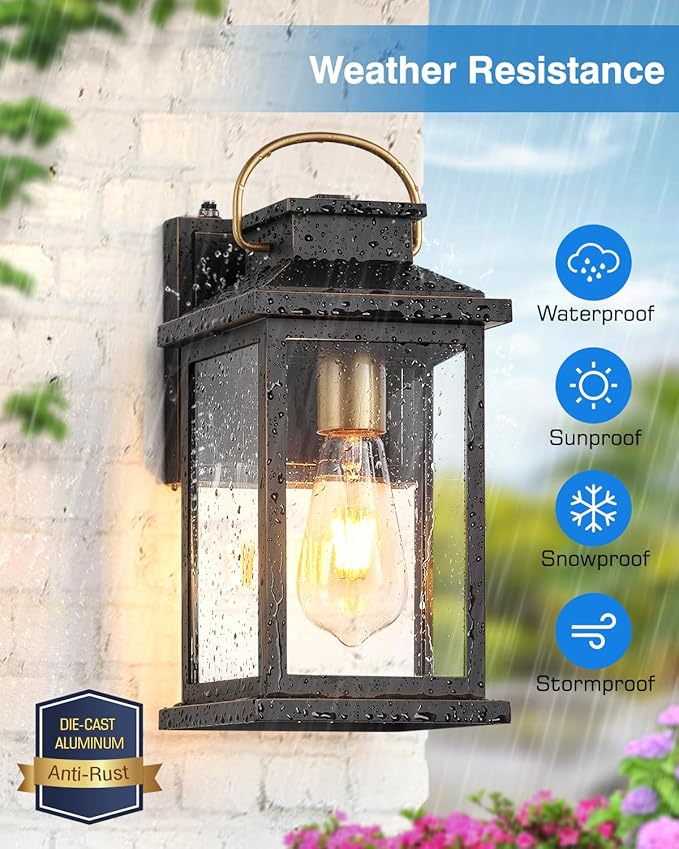 VIANIS Outdoor Wall Light Dusk to Dawn Sensor, Black Gold Accents Exterior Lighting Fixtures Wall Mount Sconce for House, Modern Porch Lights Outdoor Lantern for Patio, Outside Lights for Garage Coach