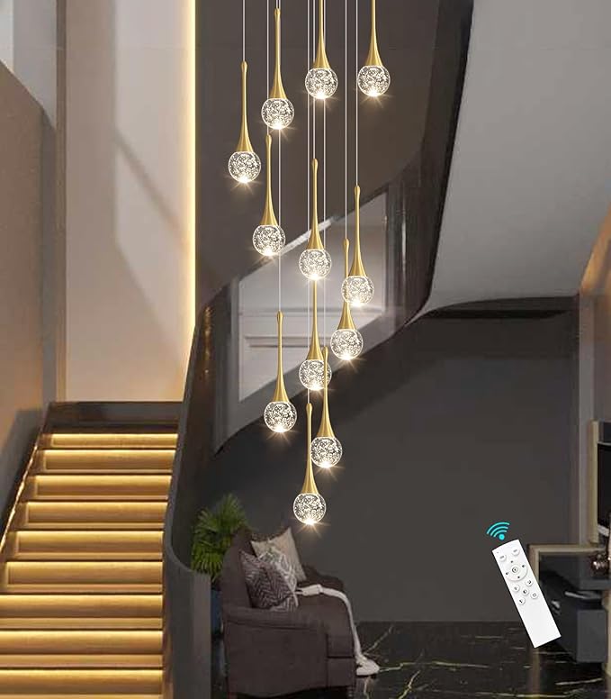118 inches Modern Glam Crystal Chandelier for High Ceiling LED Dimmable Ceiling Pendant Light Staircase Foyer Enterway Living Room Chandelier Lighting Antique Gold 12 Lights