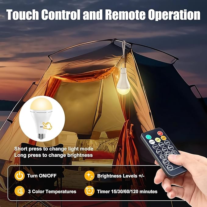 Brightown USB Rechargeable Light Bulb with Remote and Timer, Battery Emergency Light Bulbs for Home Power Outage, Hanging LED Light Bulb with Hook for Outdoor Camping Tent, 700LM, 6000K, 2 Pack