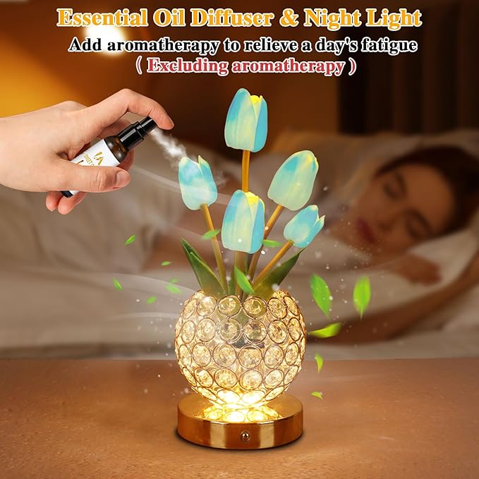 Birthday Gifts for Women/Mom Table Lamp, 3 Color Crystal Flower Bedside Lamps Infinitely Dimming with USB Charge Small Night Light,Nightstand Touch Lamp for Bedroom (u-BlueTulip)