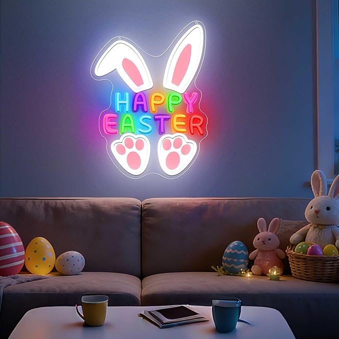 CULISER Happy Easter Neon Signs for Wall Decor, LED Bunny Egg Neon Light with USB Dimmable, Glowing Decor for Easter Party, Church, Kids Room, Home & Friend Gifts