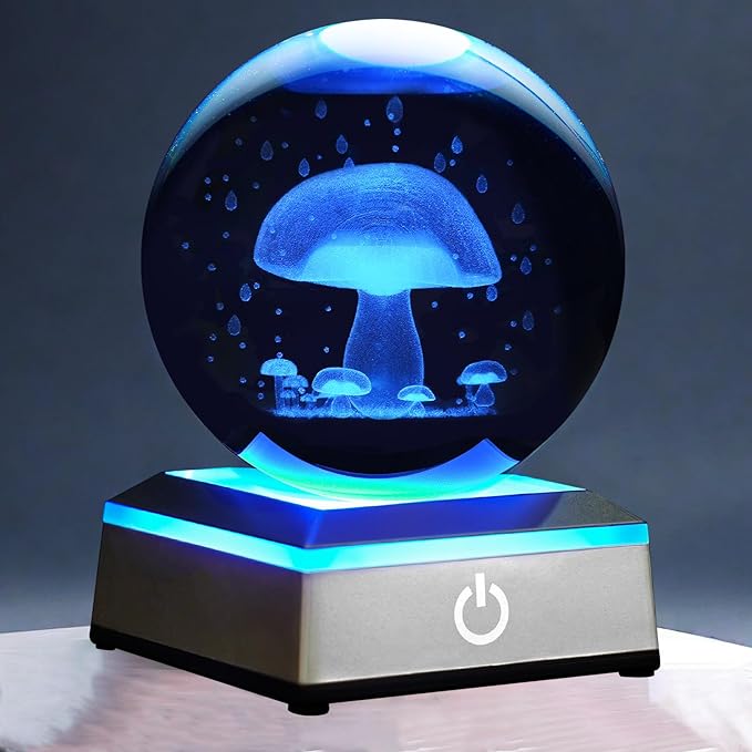 3D Mushroom Crystal Ball Night Light with LED Colorful Touch Base, Multicolor Crystal, 3.15 Inch Mushroom Figurines, Table Lamp Decor Gifts for Kids Teens Women