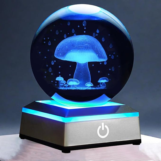 3D Mushroom Crystal Ball Night Light with LED Colorful Touch Base, Multicolor Crystal, 3.15 Inch Mushroom Figurines, Table Lamp Decor Gifts for Kids Teens Women