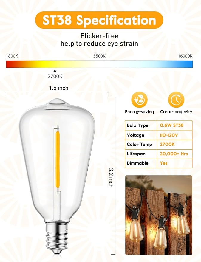 Brightown 15 Pack ST38 LED Light Bulbs, Outdoor String Light Replacement Dimmable Shatterproof Bulbs, 0.6W Equivalent to 7W Incandescent Bulbs, E12/C7 Base (Not Work with Solar String Lights)
