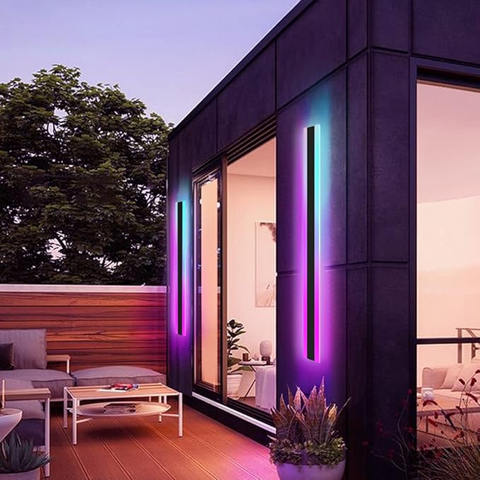 Outdoor Long Strip Modern LED Wall Lighting Fixture Lamps, RGB LED Light Strip,UL MW Driver,Elegant Frosted White Acrylic, Black Aluminum Body IP65 Waterproof Anti Rust (RGB, 79inch)