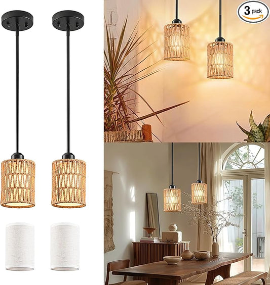 Pendant Light Boho Hanging Lamp - Rattan & Linen 2-in-1 Shade, Adjustable Hanging Lights Fixture for Kitchen Island, Dining Room, Farmhouse, Bedroom (2 Pack)