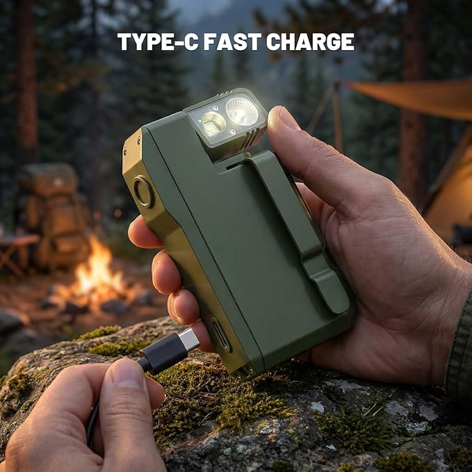 Rechargeable EDC Flashlight, 450 Lumens180° Rotatable Portable Flat Mini Pocket Flashlight, IPX6 Waterproof Multi-Mode RGB Magnetic Keychain Flashight for Home Working Camping Hiking Emergency (Green)