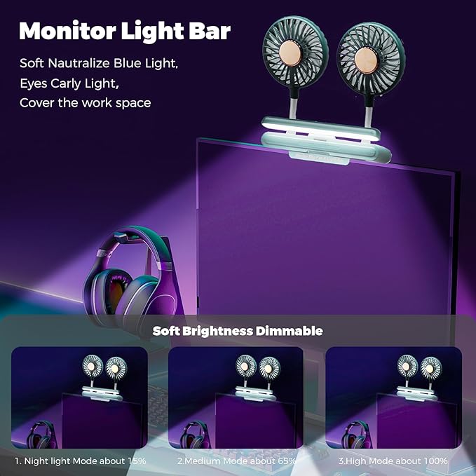 Reading stand Lamp Light Bar with Fan Two-Head Personal Cooling Quiet USB Fan Flip-Open light, Level 3 brightness 3 Wind Speed for Working/Self Broadcasting (Forest Green)