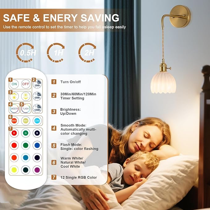 Vintage Battery Operated Wall Sconces Sets Of Two, Indoor not Hardwired Milky White Tulip Glass Lampshade Fixtures, Rechargeable Wireless RGB Wall Lights with Dimmable Remote, for Bedroom Living Room