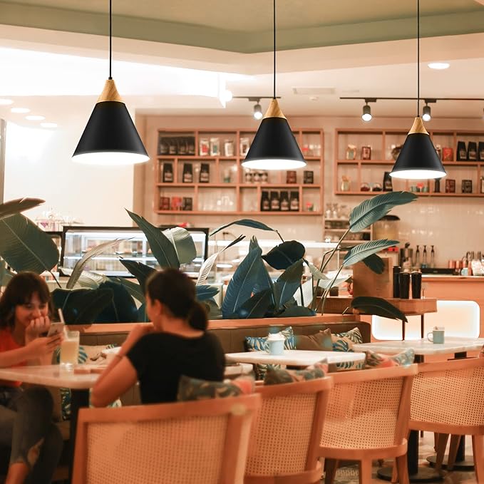 Black Pendent Light Fixtures 1 Pack 9.4 inches,Wood and Metal Kitchen Island Lights Ceiling Hanging,Pendant Lights Kitchen,Farmhouse Kitchen Light Fixtures for Bedroom,Hallway,Bar